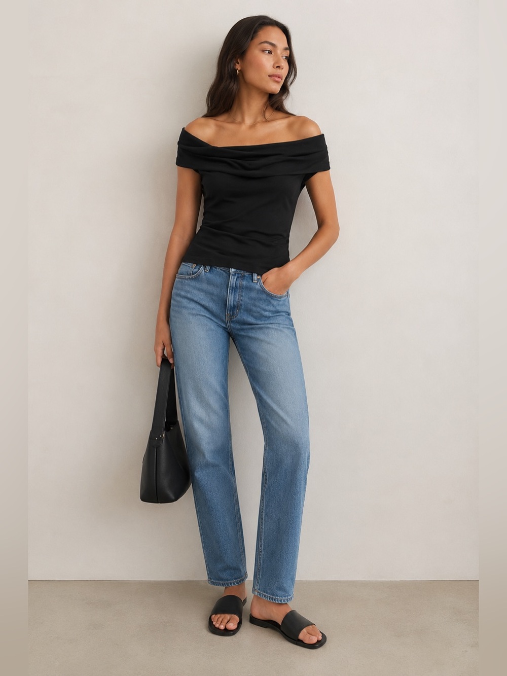 COS Off-the-Shoulder Draped Top in Black, Size Small